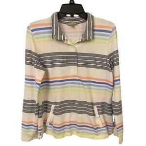 T byTalbots Pullover Women's S Gray Blue Stripe 1/4 Snap Pockets UPF 50
